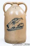 W. A. Lewis, Exceptional W. A. LEWIS / GALESVILLE, NY Stoneware Double-Handled Jug w/ Elaborate Turkey Decoration, circa 1857-1860, Stoneware