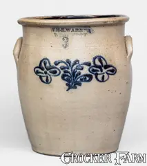 Wm E. Warner, 3 Gal. WM. E. WARNER / WEST TROY Stoneware Jar w/ Slip-Trailed Floral Decoration, mid 19th century, Stoneware