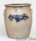 Wm E. Warner, 3 Gal. WM. E. WARNER / WEST TROY Stoneware Jar w/ Slip-Trailed Floral Decoration