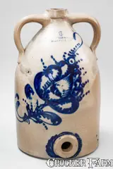 6 Gal. SATTERLEE & MORY / FT. EDWARD, N Y Stoneware Cooler w/ Elaborate Cobalt Floral Decoration by Satterlee & Mory, circa 1875, Stoneware, sold Nov 2025