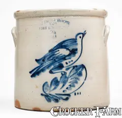 3 Gal. OTTMAN BROS. & CO. / FORT EDWARD, NY Stoneware Bird Crock, c1875 by Ottman Bros. & Co., c1875, Stoneware, sold Nov 2025