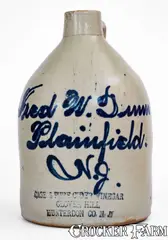 Plainfield, NJ Advertising Jug by Fulper Pottery: CASE'S PURE CIDER VINEGAR / CLOVER HILL / HUNTERDON CO. by Case's Pure Cider Vinegar, circa 1900, Stoneware, sold Nov 2025
