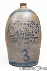 Rare G.W. JOHNSTON / CLARKSBURGH. / W. VA Stoneware Jug by G.W. Johnston, circa 1880, Stoneware, sold Nov 2025