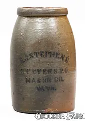 A. J. Stephens, Very Rare A. J. STEPHENS / STEVENS P.O. / MASON CO., W. VA Stoneware Stenciled Canning Jar, circa 1880, Stoneware