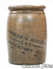 Warner & Russell, WARNER & RUSSELL / BRIDGEPORT, W. VA Stoneware Crock, circa 1885, Stoneware