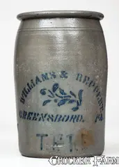 Williams And Reppert, Rare WILLIAMS & REPPERT / GREENSBORO, PA Stoneware Jar w/ Hand-written "T. F. RE", circa 1880, Stoneware