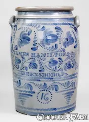 Jas. Hamilton & Co., Outstanding JAS. HAMILTON & CO. / GREENSBORO, PA Stoneware Jar w/ Profuse Freehand Decoration, circa 1870, Stoneware