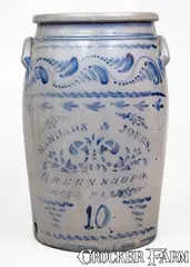Hamilton & Jones, 10 Gal. HAMILTON & JONES / GREENSBORO, PA Stoneware Jar w/ Elaborate Decoration, circa 1875, Stoneware