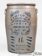Hamilton & Jones, 16 Gal. HAMILTON & JONES / GREENSBORO, PA Stoneware Jar, circa 1875, Stoneware
