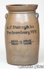 A.P. Donaghho, 3 Gal. A. P. DONAGHHO / PARKERSBURG, W. V. Stoneware Churn, circa 1880, Stoneware