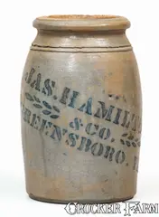 Jas. Hamilton & Co., JAS. HAMILTON & CO. / GREENSBORO, PA Stoneware Jar, circa 1875, Stoneware