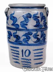 Boughner, Exceptional 10 Gal. BOUGHNER / GREENSBORO, PA Stoneware Jar w/ Elaborate Freehand Decoration, circa 1865, Stoneware