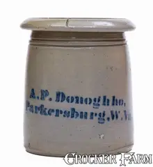 Rare Misspelled "A. P. Donoghho / Parkersburg, W. Va." Stoneware Top Hat Canning Jar by A. P. Donoghho, circa 1880, Stoneware, sold Aug 2025
