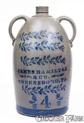 James Hamilton & Co., 4 Gal. JAMES HAMILTON & CO. / GREENSBORO, PA Stoneware Double-Handled Jug, circa 1875, Stoneware