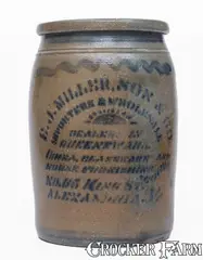 E. J. Miller, 2 Gal. E. J. MILLER / ALEXANDRIA, VA Stoneware Advertising Jar w/ Stenciled Sun, circa 1875, Stoneware