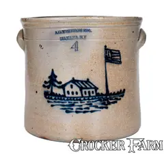 A.O. Whittemore, Rare A. O. WHITTEMORE / HAVANA, NY Stoneware Crock w/ House and American Flag Decoration, circa 1870, Stoneware