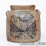 Wm E. Warner, Rare WM E WARNER / WEST TROY Patriotic Stoneware Shield Crock