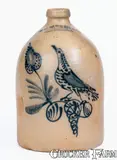 W.H. FARRAR & CO. / GEDDES, NY Stoneware Jug w/ Elaborate Bird on Branch Motif by W.H. Farrar & Co., circa 1860, Stoneware, sold Aug 2025
