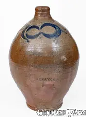 Extremely Rare COMMERAW'S / STONEWARE / NEW-YORK Stoneware Jug by Commeraw's Stoneware, early 19th century, Stoneware, sold Aug 2025