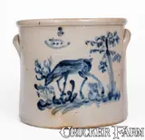 Pottery Works, Scarce and Fine POTTERY WORKS / LITTLE W 12TH ST N.Y. (Wm. MacQuoid) Crock w/ Elaborate Deer, circa 1870, Stoneware