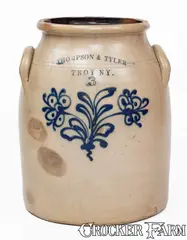 Thompson & Tyler, Rare 3 Gal. THOMPSON & TYLER / TROY, NY Stoneware Jar w/ Slip-Trailed Decoration, circa 1858, Stoneware