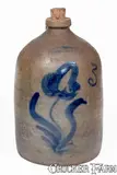 M. Woodruff, 3 Gal. M. WOODRUFF / CORTLAND Stoneware Jug w/ Cobalt Floral Decoration