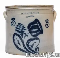 N. Clark & Co., 3 Gal. N. CLARK & CO. / LYONS Stoneware Crock w/ Slip-Trailed Floral Decoration, circa 1840, Stoneware