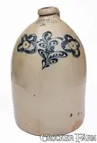 Wm E. Warner, 5 Gal. WM. E. WARNER / WEST TROY Stoneware Jug w/ Slip-Trailed Floral Decoration