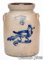 West Troy, 6 Quart WEST TROY / NY / POTTERY Stoneware Lidded Jar w/ Bird Decoration, circa 1875, Stoneware