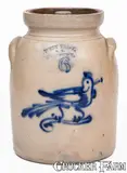 West Troy, 6 Quart WEST TROY / NY / POTTERY Stoneware Lidded Jar w/ Bird Decoration, circa 1875, Stoneware
