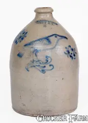 Tyler & Co., Scarce TYLER & CO. / TROY, N Y Stoneware Jug w/ Cobalt Bird Decoration, circa 1860, Stoneware