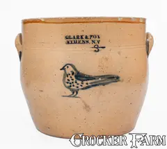 Clark & Fox, 3 Gal. CLARK & FOX / ATHENS, NY Stoneware Bowl w/ Bird Decoration, c1829-38, c1829-38, Stoneware