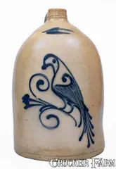 3 Gal. FLACK & VAN ARSDALE / CORNWALL, ONT. Stoneware Bird Jug by Flack & Van Arsdale, circa 1875, Stoneware, sold Aug 2025