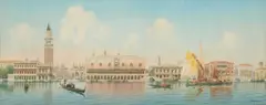 Umberto Ongania, Gondolas Passing St Marks Basilica, Venice, Watercolour