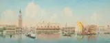 Umberto Ongania, Gondolas Passing St Marks Basilica, Venice, Watercolour