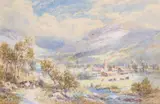 Charles Edward Rowbotham, Continental Landscape With A Village And Figures, Watercolour