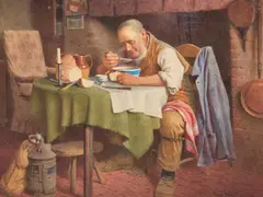 Henry Edward Spernon Tozer, Lunchtime, Cottage Interior, Watercolour