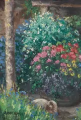 Anne Briggs, Pair Of Garden Views, One With A Cat, Mixed media on paper