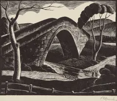 Frederick E. Courtney Fsae, Packhorse Bridge Over The Washburn, pencil Wood engraving, from his privately printed book of engravings and linocuts Imag