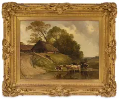 Thomas Sidney Cooper, And Frederick Richard Lee Ra (1798-1879) 'A Watering Place', Cattle Watering At A Ford Near Farm Buildings, Oil on board Four Christies stencil marks verso and an old label