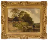 Thomas Sidney Cooper, And Frederick Richard Lee Ra (1798-1879) 'A Watering Place', Cattle Watering At A Ford Near Farm Buildings, Oil on board Four Christies stencil marks verso and an old label