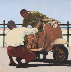 David Barrow, Mods Fixing Scooter, Oil on board