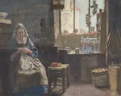 Ernest Procter, Newlyn School A Dutch Interior, Woman Sewing, Watercolour heightened with white