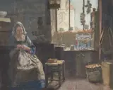 Ernest Procter, Newlyn School A Dutch Interior, Woman Sewing, Watercolour heightened with white