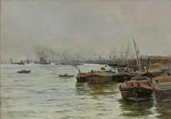Charles Edward Cox, Barges On The Thames, Oil on board