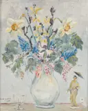George Jackson, Still Life Of Flowers In A Jug, A Glass And A Japanese Figure, 1964, Oil on board