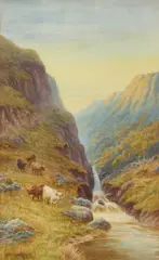 Highland Cattle In A Highland Glen by Harold Lawes, Watercolour, sold Apr 2025