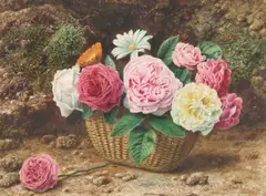 John Sherrin, Still Life Of Flowers In A Basket, Watercolour heightened with white