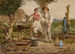 John Absolon, Couple At The Country Well, 1888, Watercolour