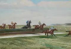 John Beer, The Water Jump, The Lancashire Handicap Steeplechase, Manchester 1910, Watercolour, heightened with white